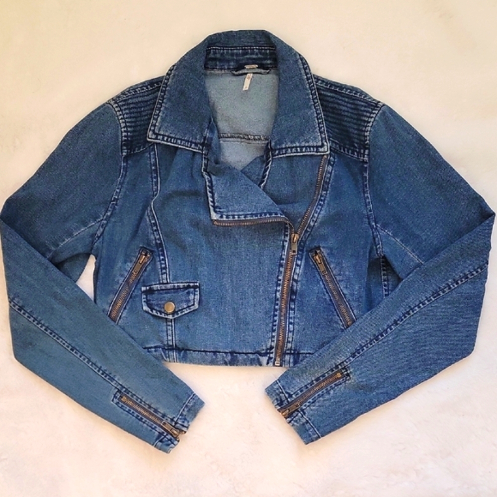 Free People Blue Denim Cropped Moto Jacket Women’s Small